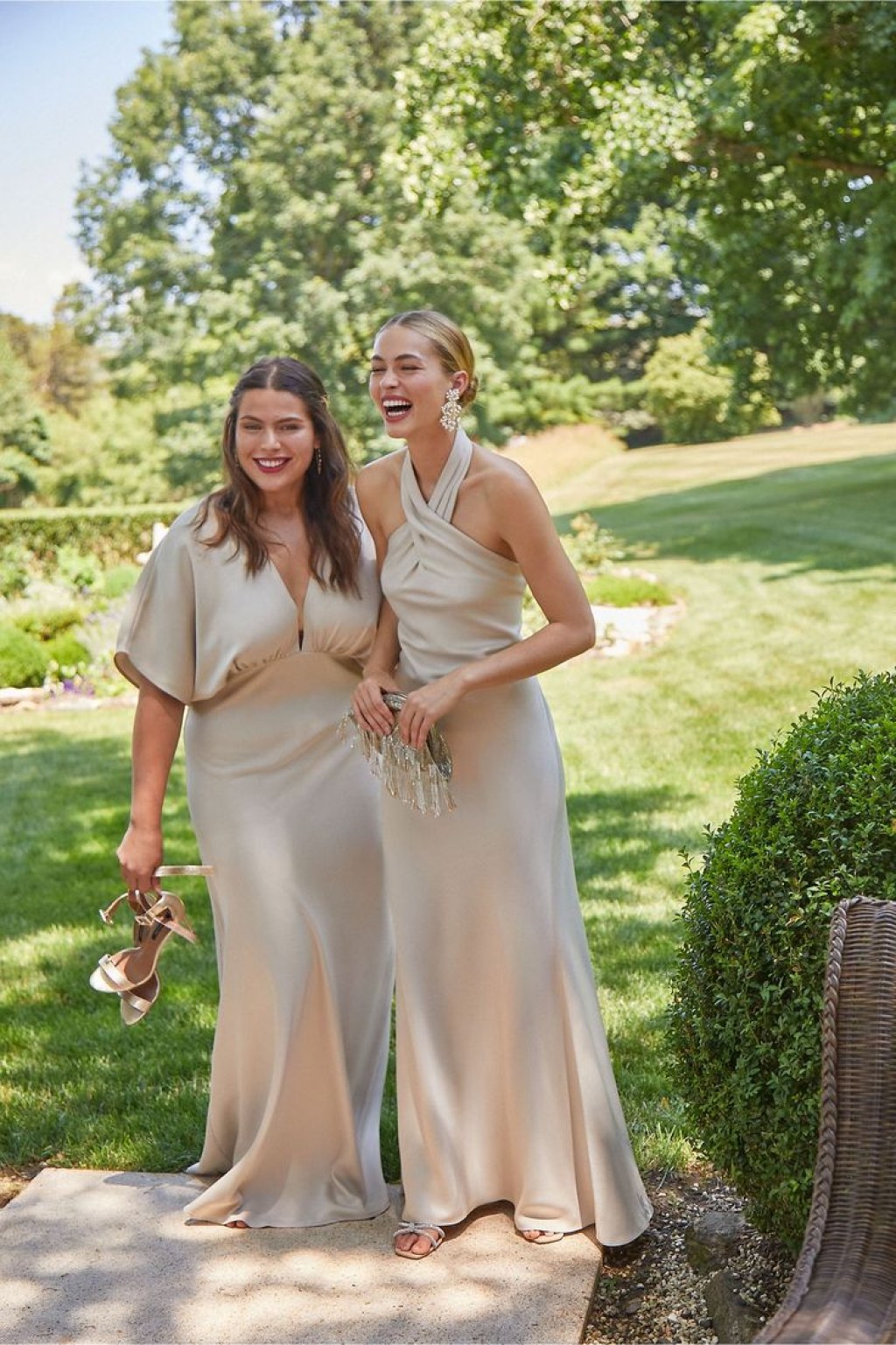 Picture of: BHLDN Leila Deep-V Flutter-Sleeve Satin A-Line Gown  Champagne