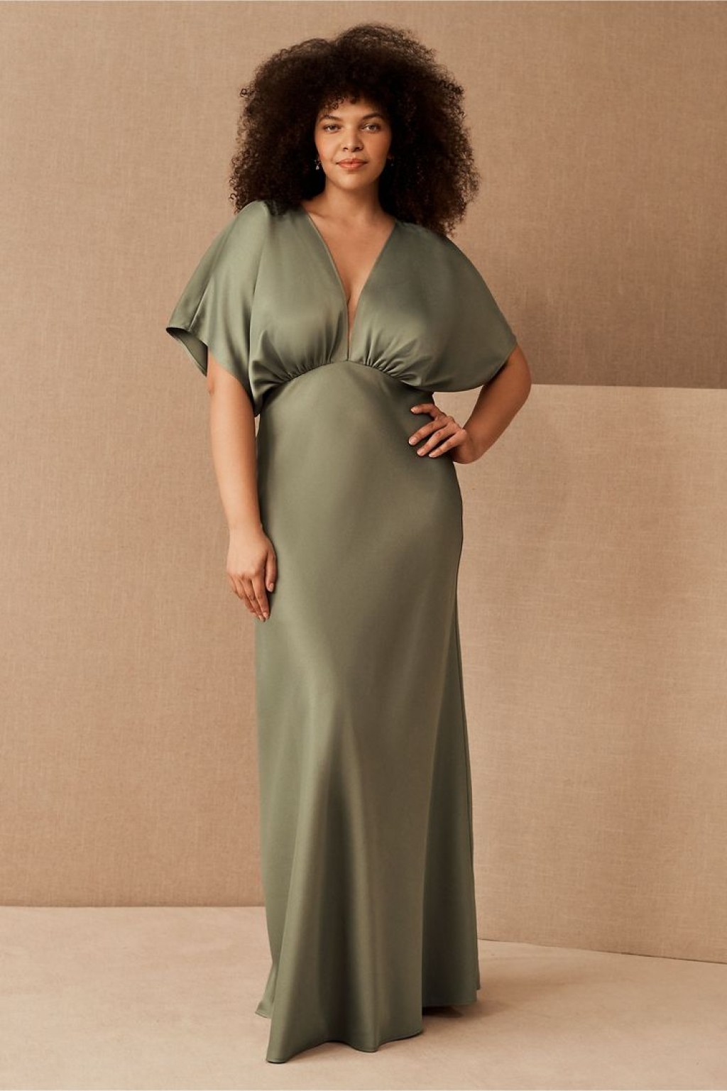 Picture of: BHLDN Leila Deep-V Flutter-Sleeve Satin A-Line Gown  Charmeuse