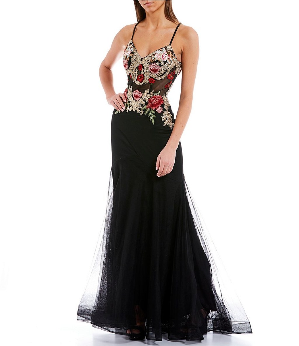 Picture of: Floral Applique Illusion Corset Bodice Long Dress