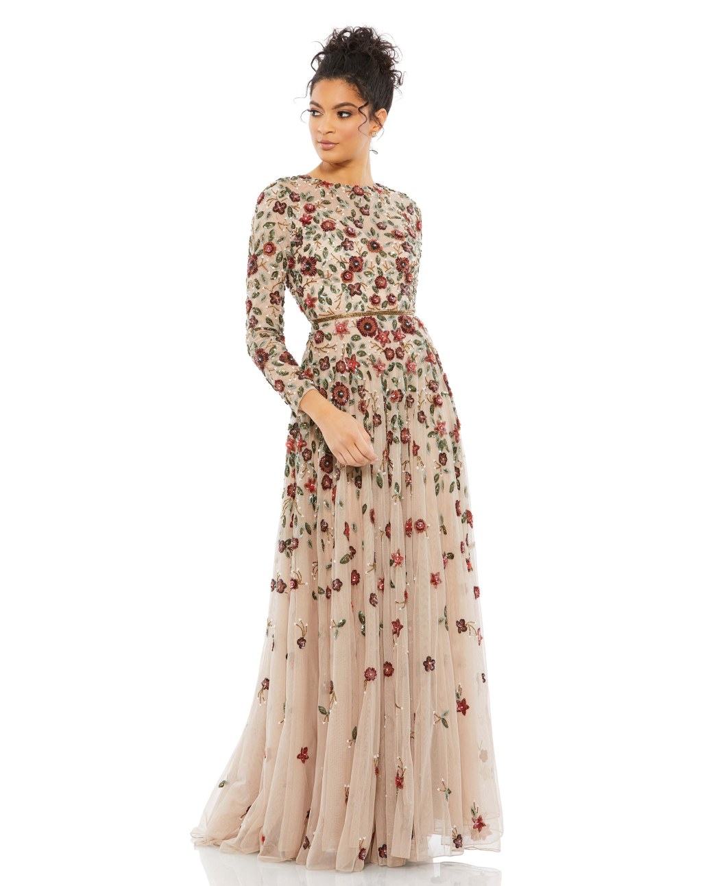 Picture of: Floral Appliqué Long Sleeve Illusion Gown