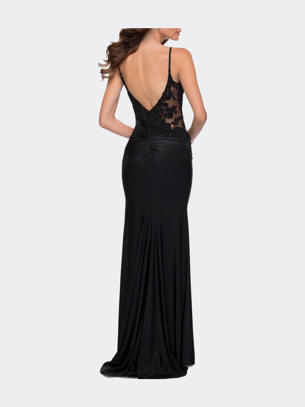 Picture of: La Femme Jersey Gown With Sheer Lace Bodice And Ruching in Black