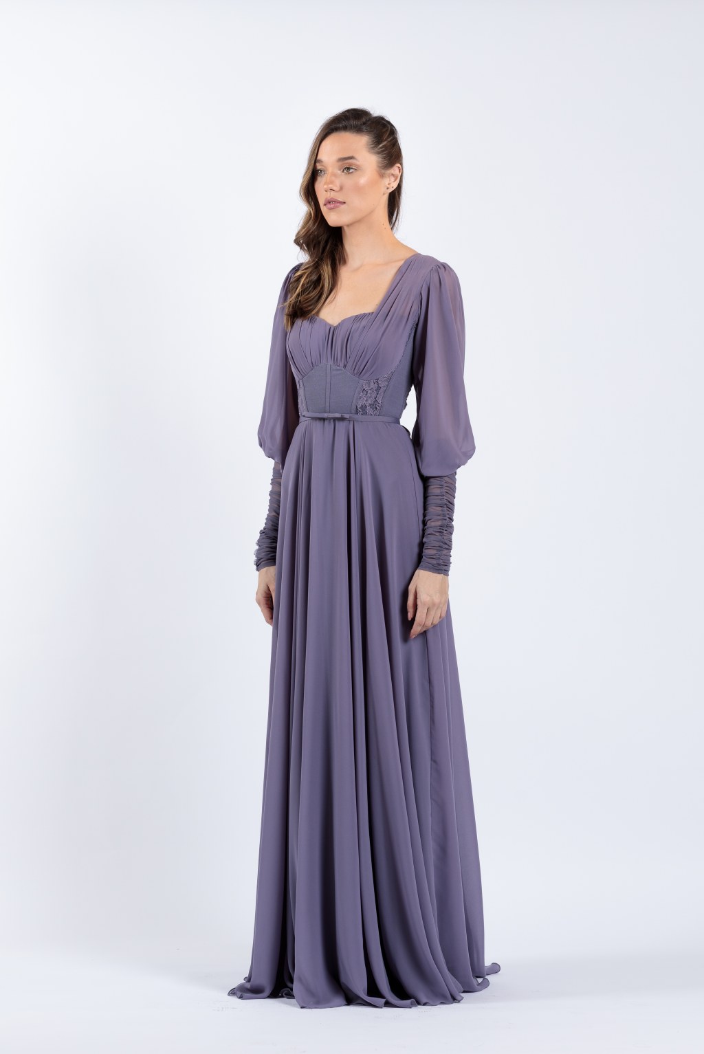 Picture of: Long Sleeve Pleated Chiffon Gown
