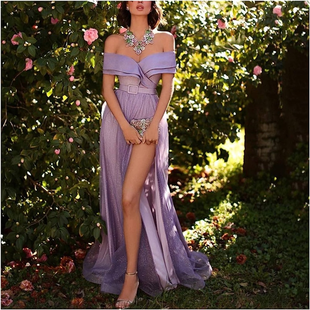 Picture of: MBBJM Sexy Purple Off Shoulder Evening Dresses Satin A Line High