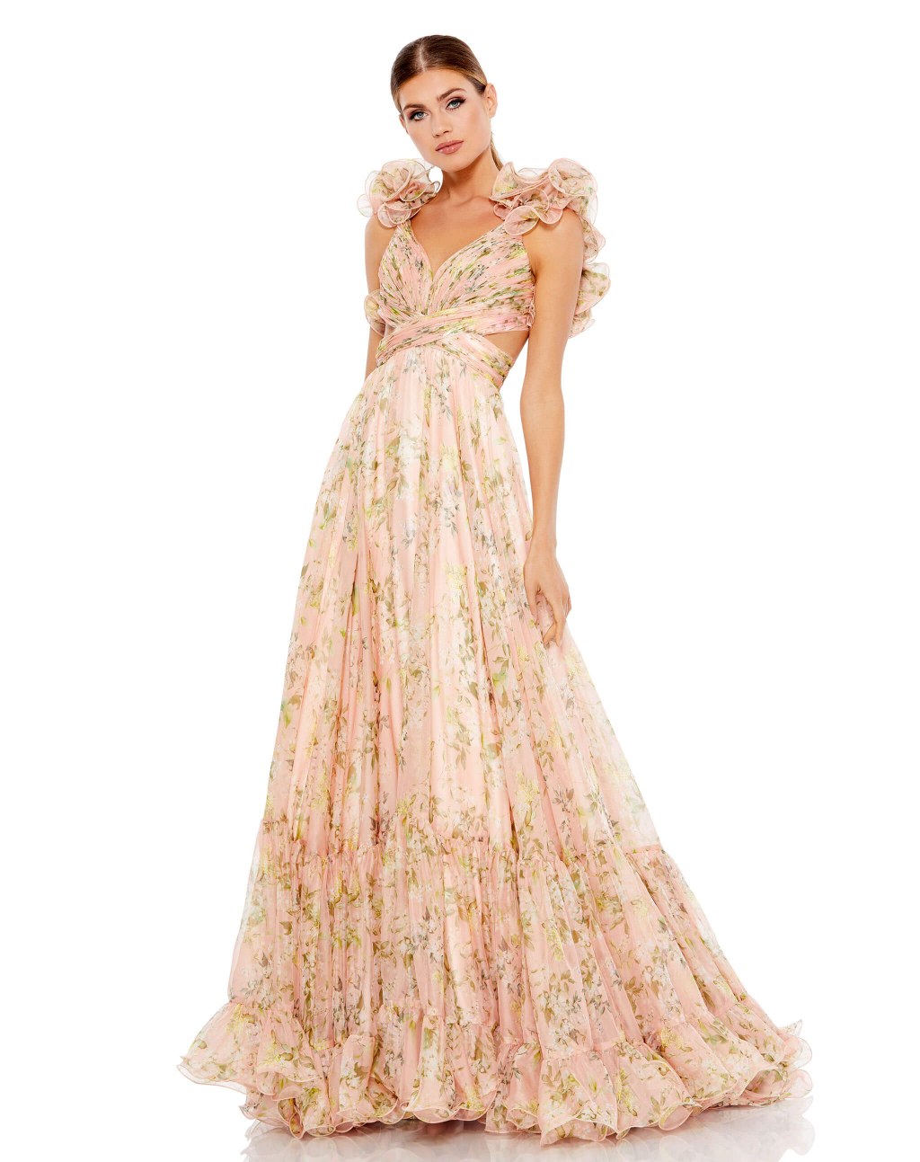 Picture of: Ruffle Tiered Floral Cut-Out Chiffon Gown