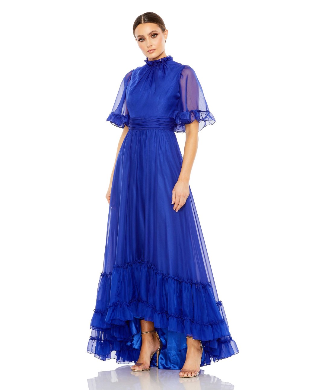 Picture of: Ruffled High Neck Flutter Sleeve High Low Hem Gown