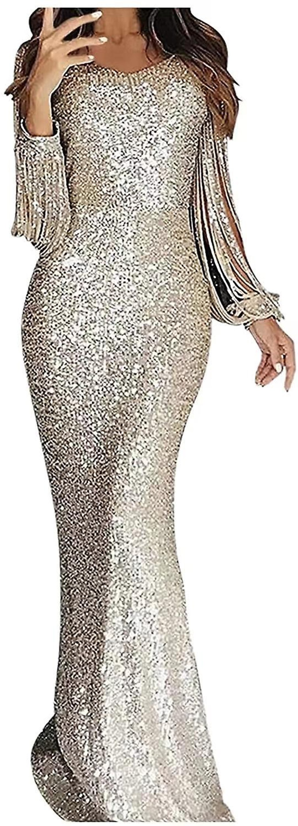 Picture of: Womens Shiny Evening Dress Tassel Long Sleeve Prom Gown  Fruugo DE